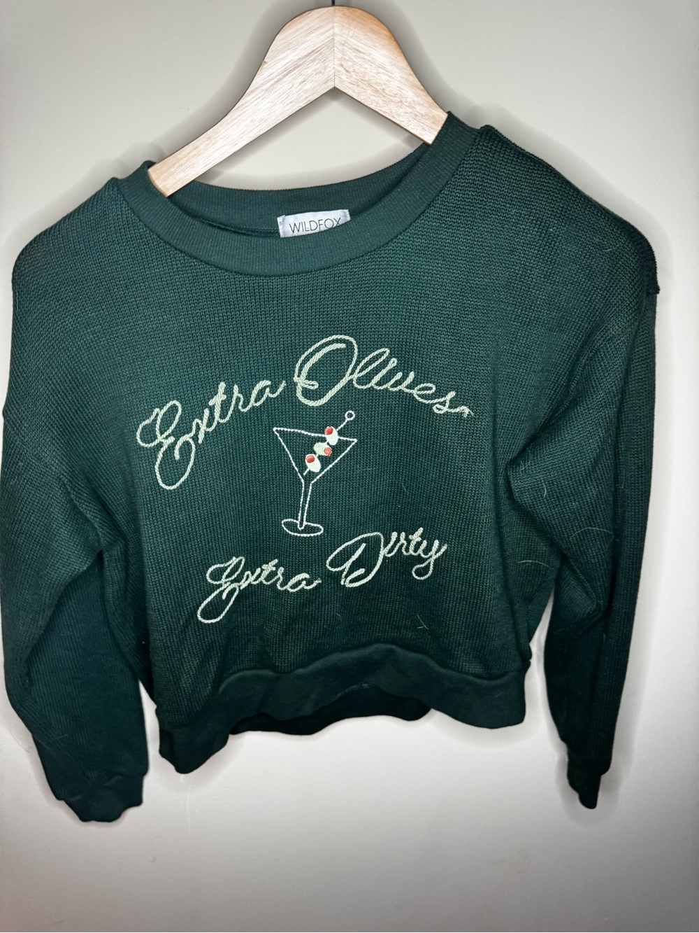 Wildfox Forest Green Waffle-Knit Cropped Sweatshirt